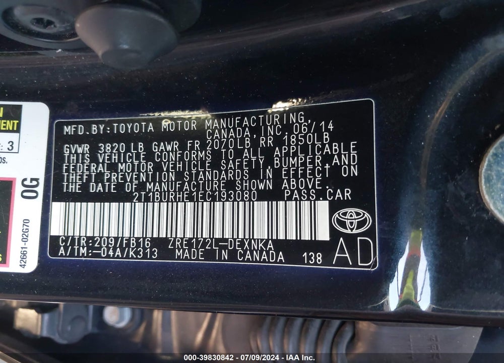 2014 TOYOTA COROLLA LE VIN: 2T1BURHE1EC193080