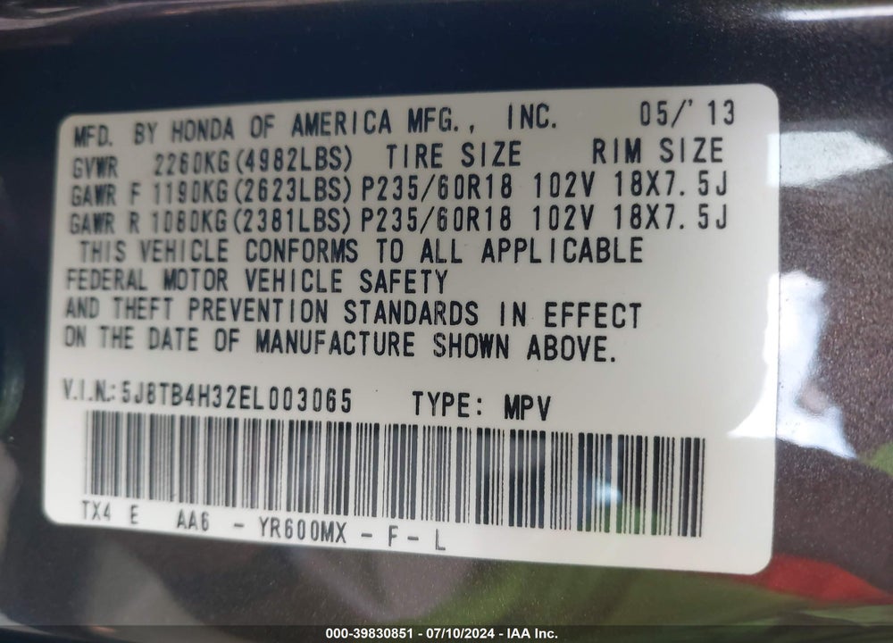 2014 ACURA RDX VIN: 5J8TB4H32EL003065