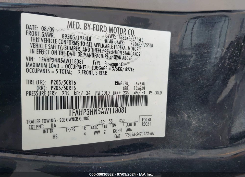 2010 FORD FOCUS SEL VIN: 1FAHP3HN5AW118081