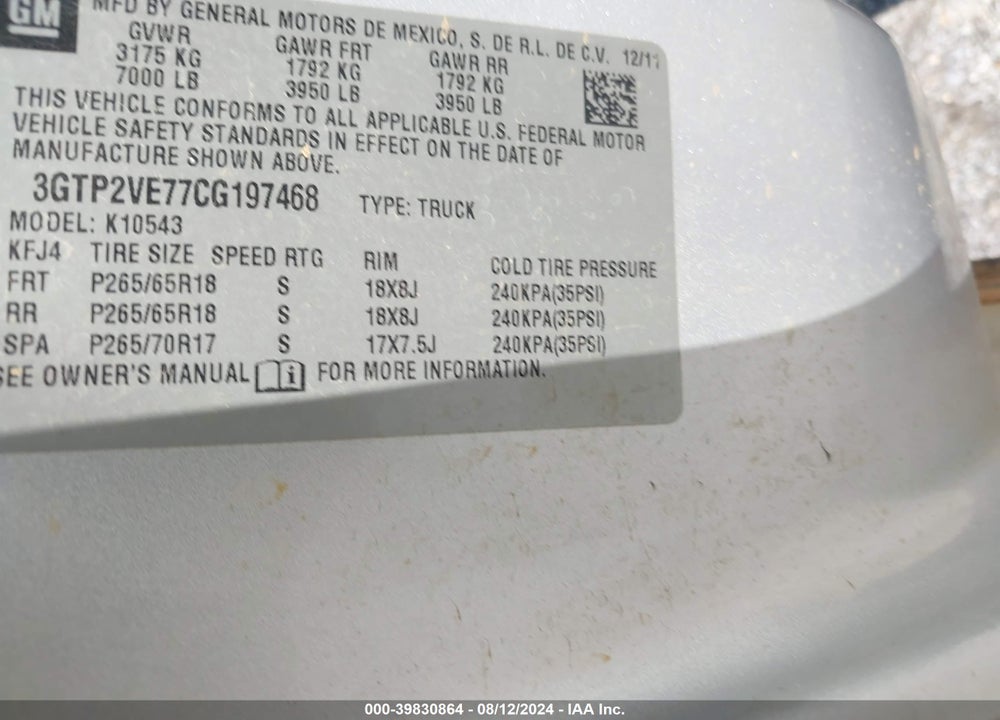 2012 GMC SIERRA 1500 SLE VIN: 3GTP2VE77CG197468