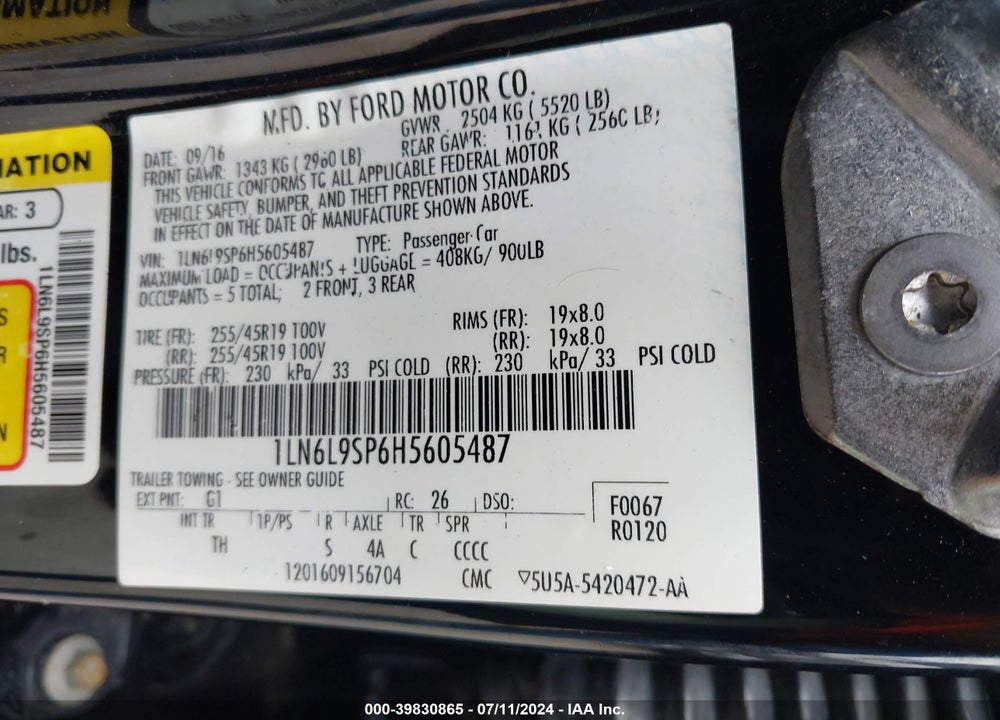 2017 LINCOLN CONTINENTAL SELECT VIN: 1LN6L9SP6H5605487