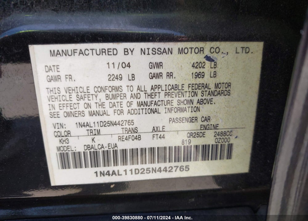 2005 NISSAN ALTIMA 2.5 S VIN: 1N4AL11D25N442765