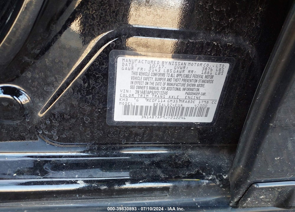2018 NISSAN SENTRA SV VIN: 3N1AB7AP9JY212246