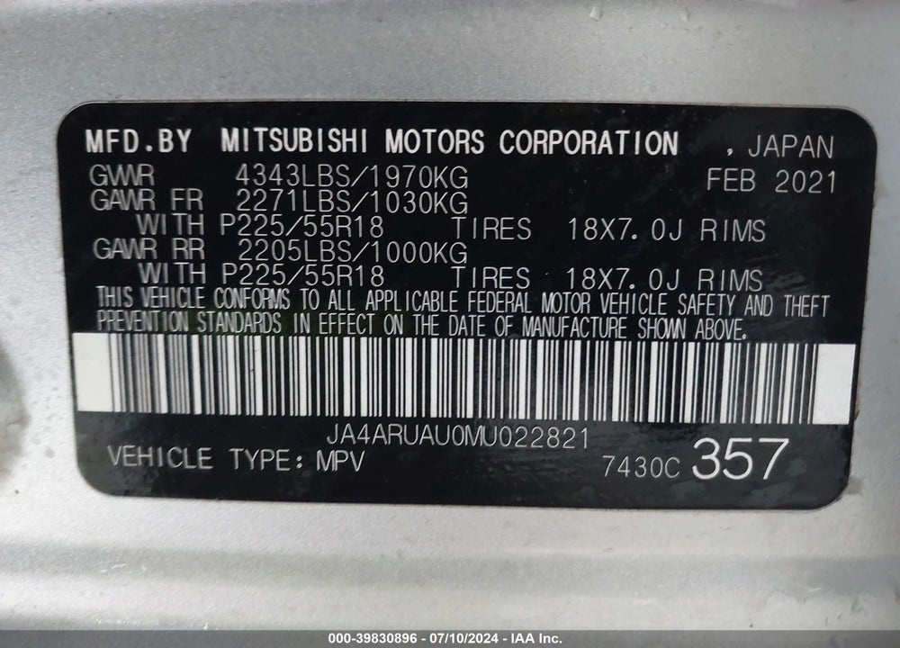 2021 MITSUBISHI OUTLANDER SPORT 2.0 BE AWC/2.0 ES AWC/2.0 LE AWC/2.0 SE AWC VIN: JA4ARUAU0MU022821