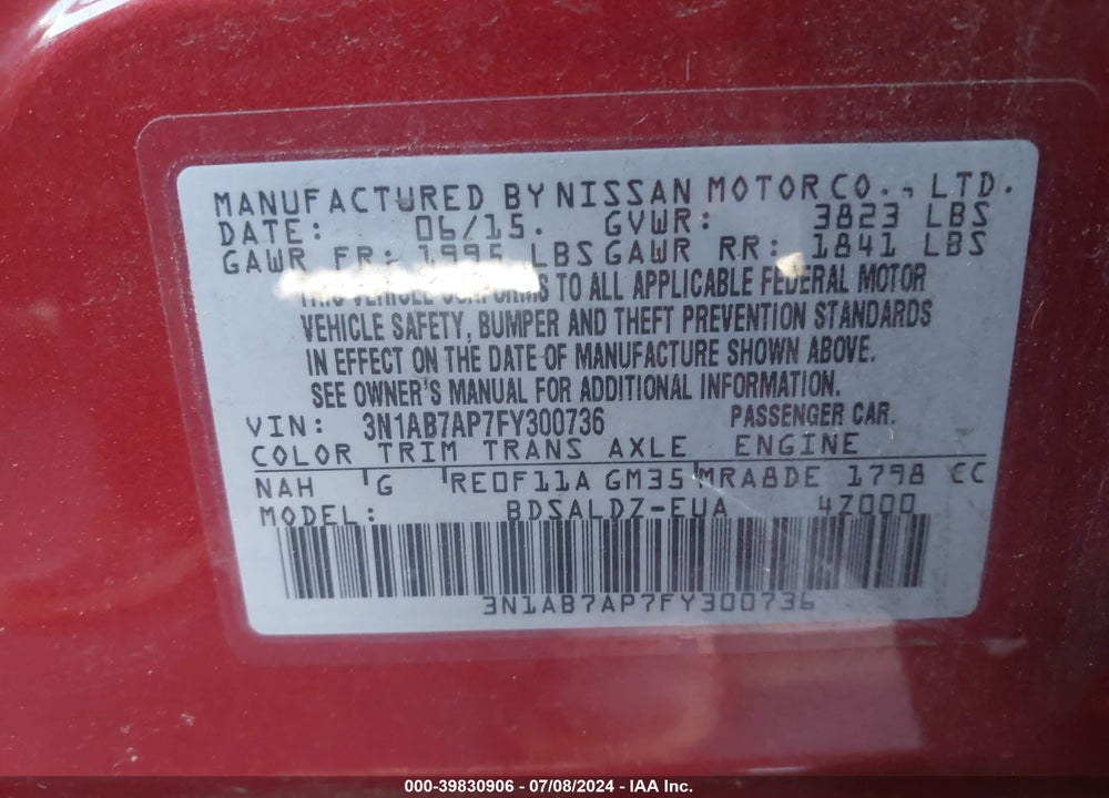 2015 NISSAN SENTRA SV VIN: 3N1AB7AP7FY300736