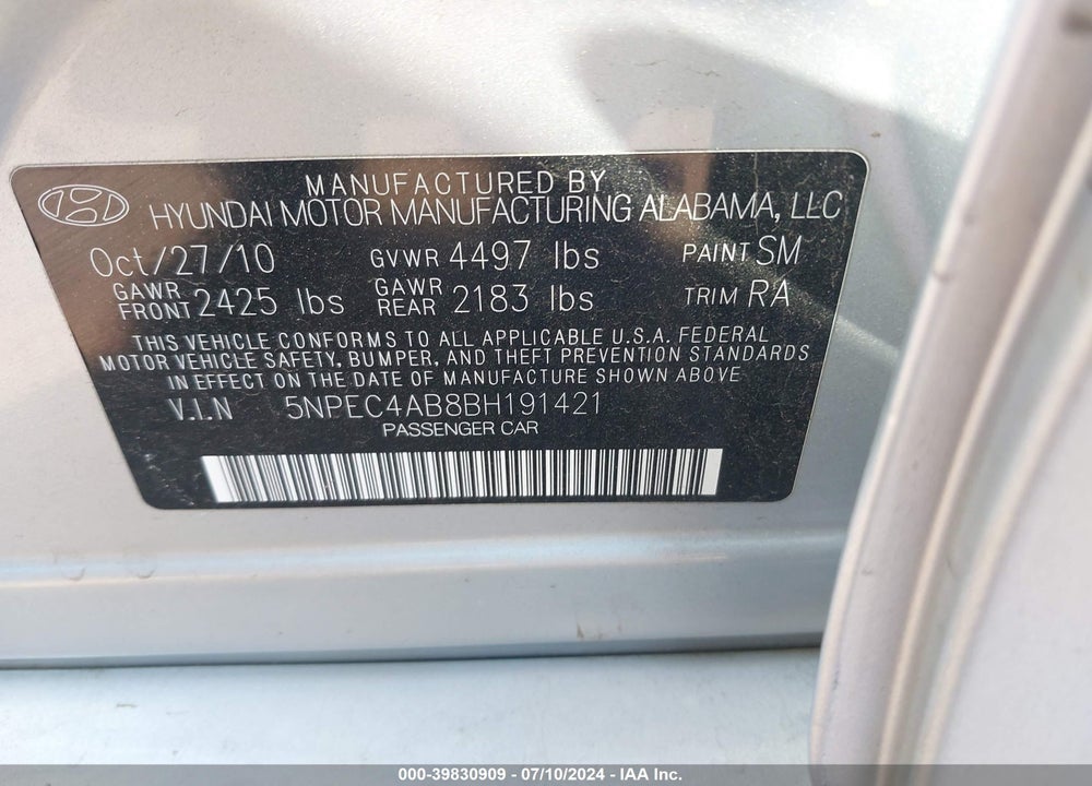 2011 HYUNDAI SONATA SE 2.0T VIN: 5NPEC4AB8BH191421