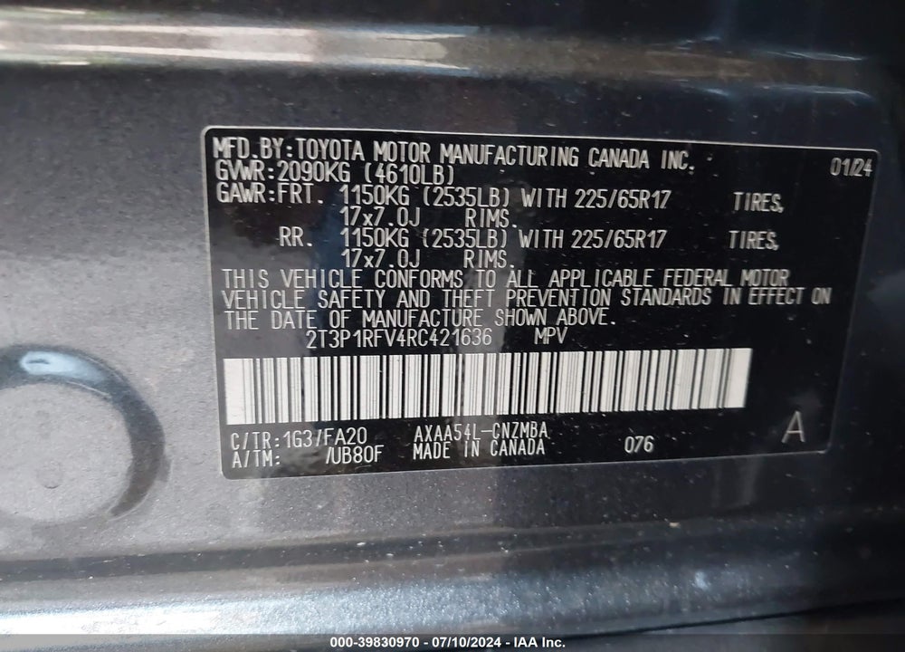 2024 TOYOTA RAV4 XLE VIN: 2T3P1RFV4RC421636