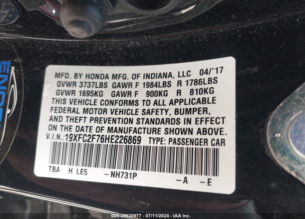 2017 HONDA CIVIC EX VIN: 19XFC2F76HE226869
