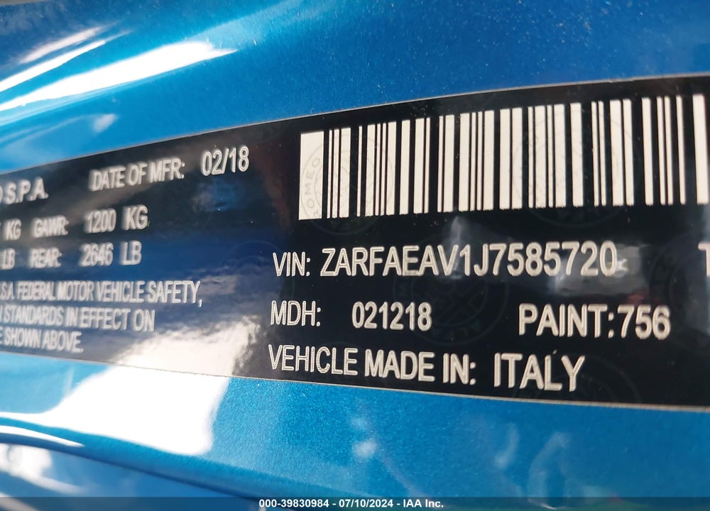 2018 ALFA ROMEO GIULIA QUADRIFOGLIO RWD VIN: ZARFAEAV1J7585720