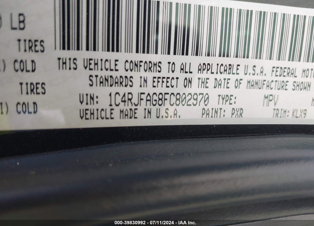 2015 JEEP GRAND CHEROKEE ALTITUDE VIN: 1C4RJFAG8FC802970