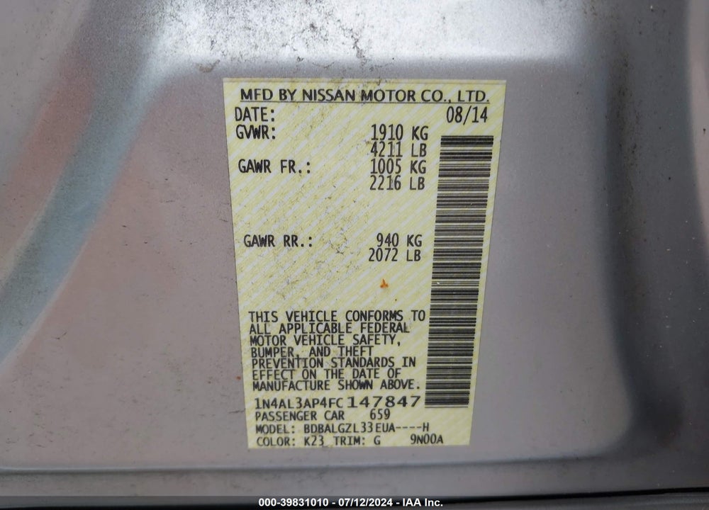 2015 NISSAN ALTIMA 2.5 S VIN: 1N4AL3AP4FC147847