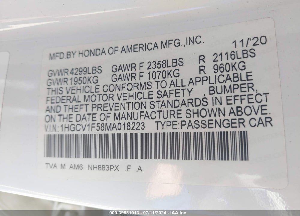 2021 HONDA ACCORD EX-L VIN: 1HGCV1F58MA018223