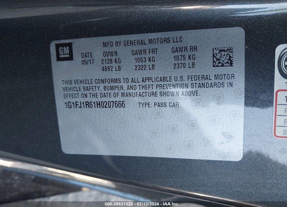 2017 CHEVROLET CAMARO ZL1 VIN: 1G1FJ1R61H0207666
