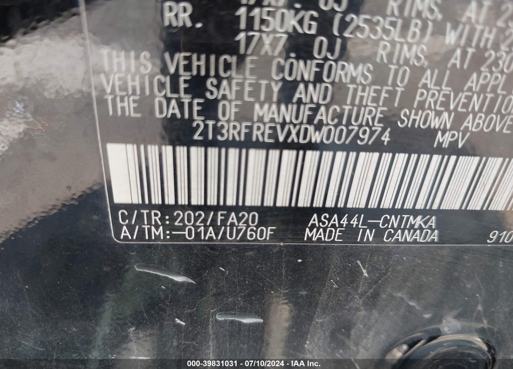 2013 TOYOTA RAV4 VIN: 2T3RFREVXDW007974