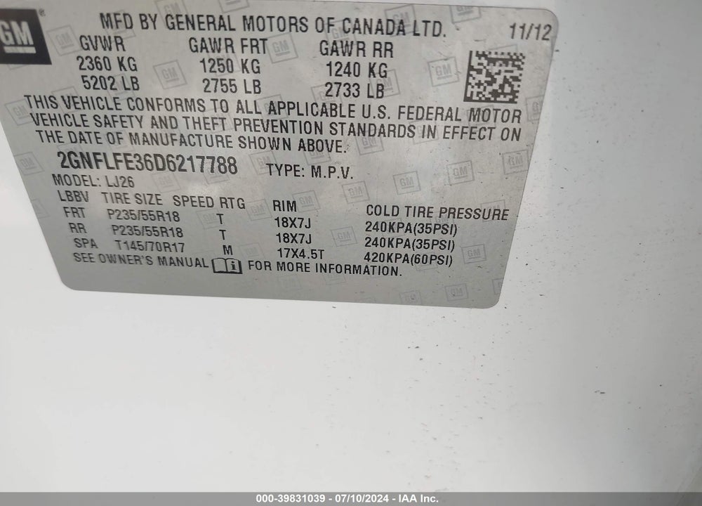 2013 CHEVROLET EQUINOX LTZ VIN: 2GNFLFE36D6217788