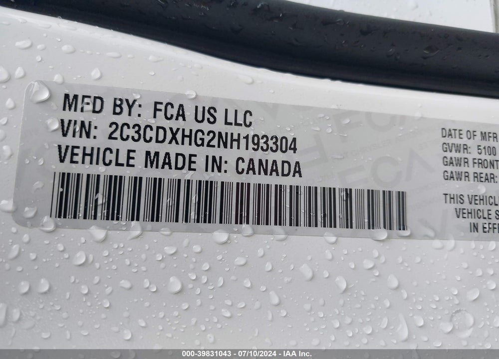 2022 DODGE CHARGER GT RWD VIN: 2C3CDXHG2NH193304