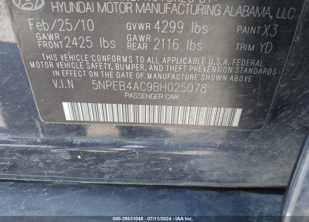 2011 HYUNDAI SONATA GLS VIN: 5NPEB4AC9BH025078