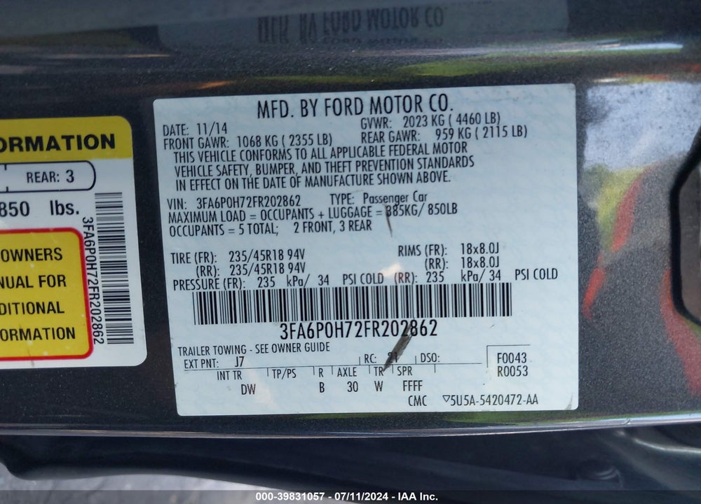 2015 FORD FUSION SE VIN: 3FA6P0H72FR202862