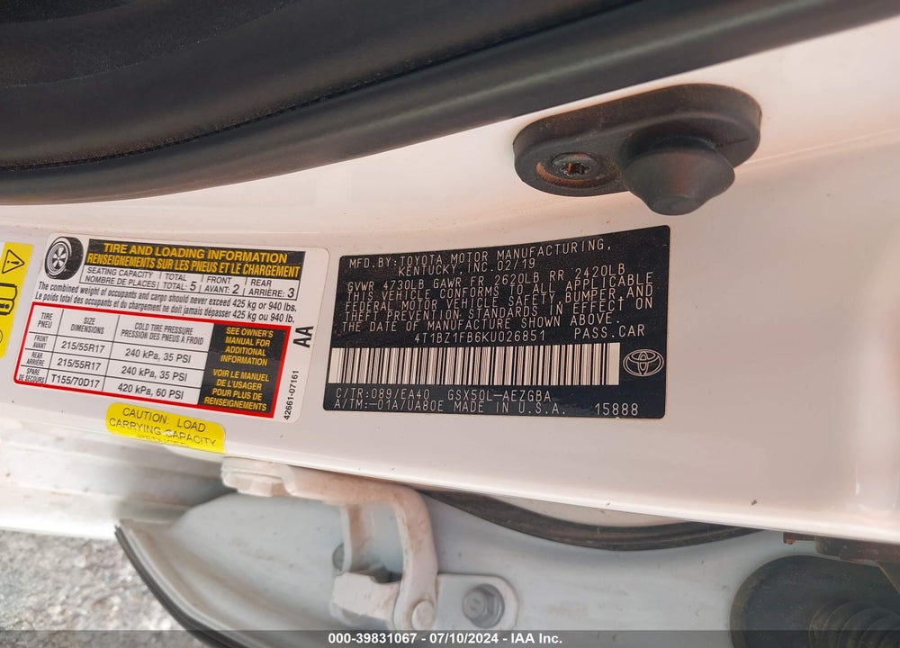 2019 TOYOTA AVALON XLE VIN: 4T1BZ1FB6KU026851