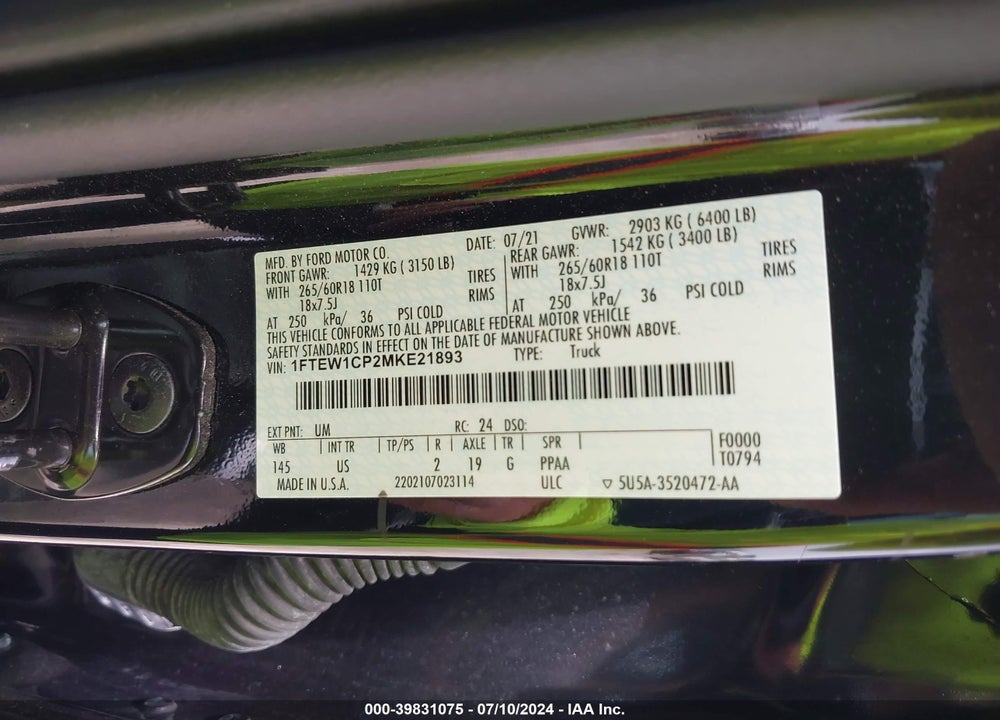 2021 FORD F-150 XLT VIN: 1FTEW1CP2MKE21893