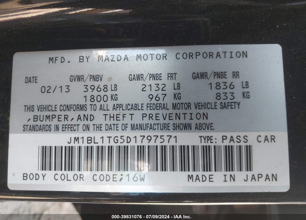 2013 MAZDA 3 I SV VIN: JM1BL1TG5D1797571