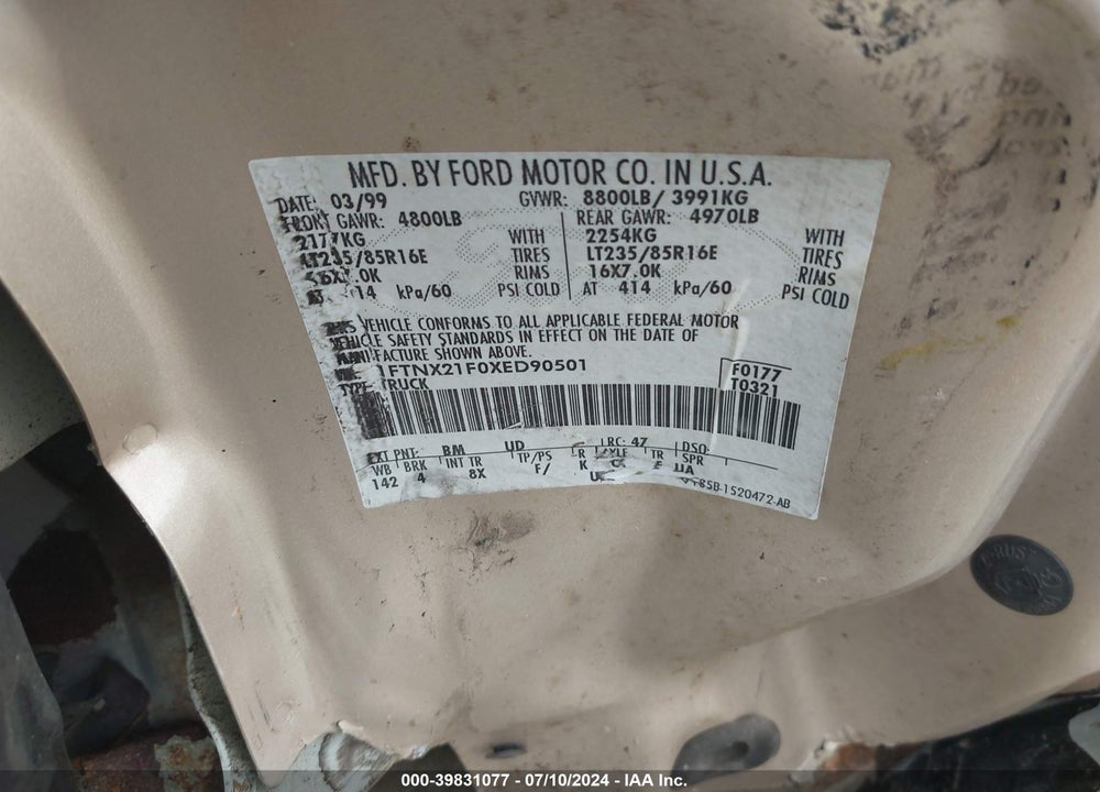 1999 FORD F-250 LARIAT/XL/XLT VIN: 1FTNX21F0XED90501