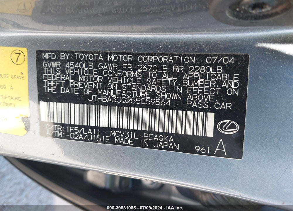 2005 LEXUS ES 330 VIN: JTHBA30G255059564