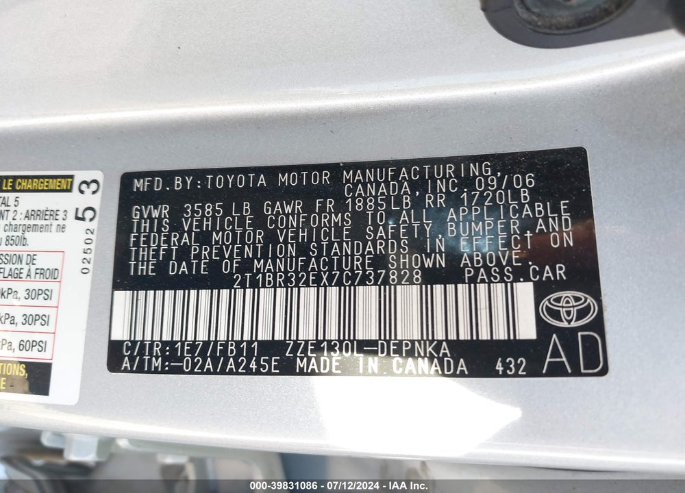2007 TOYOTA COROLLA LE VIN: 2T1BR32EX7C737828