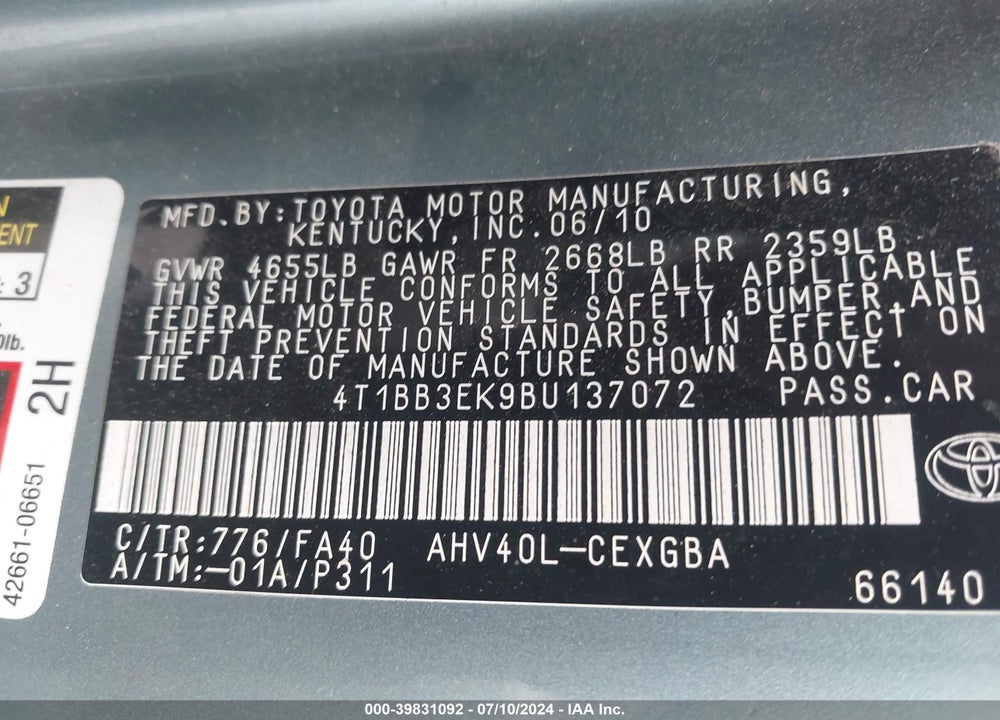 2011 TOYOTA CAMRY HYBRID VIN: 4T1BB3EK9BU137072