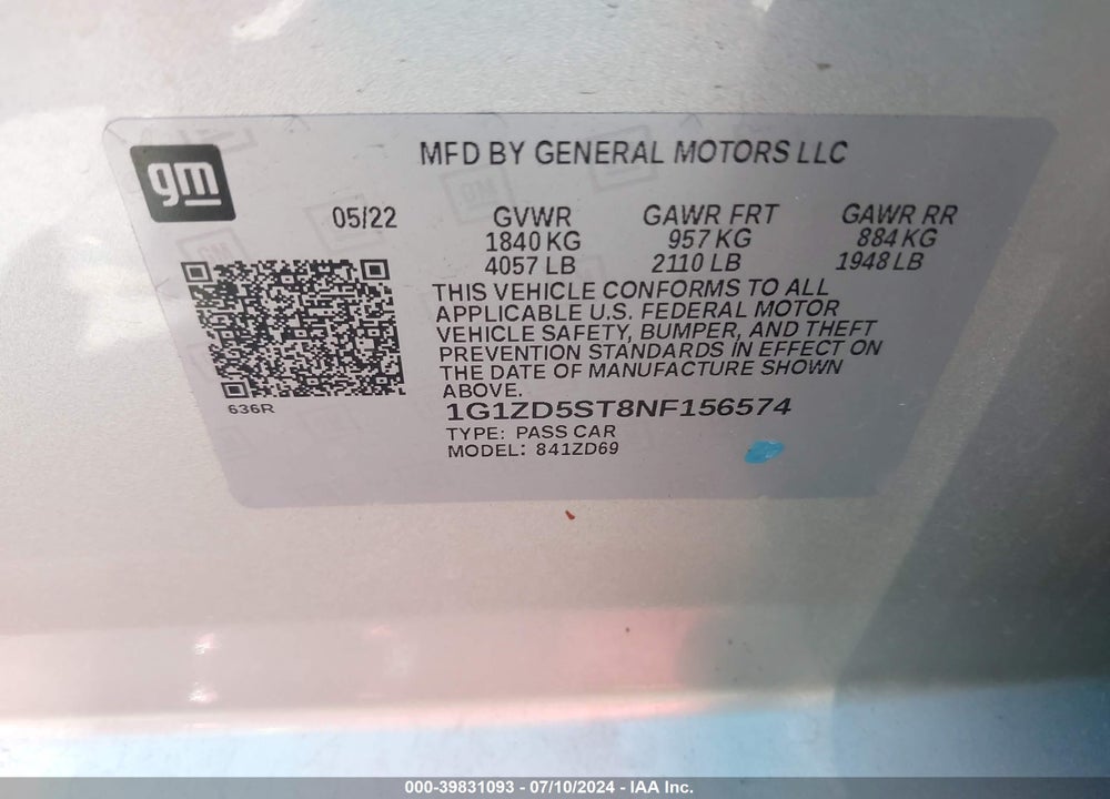 2022 CHEVROLET MALIBU FWD LT VIN: 1G1ZD5ST8NF156574