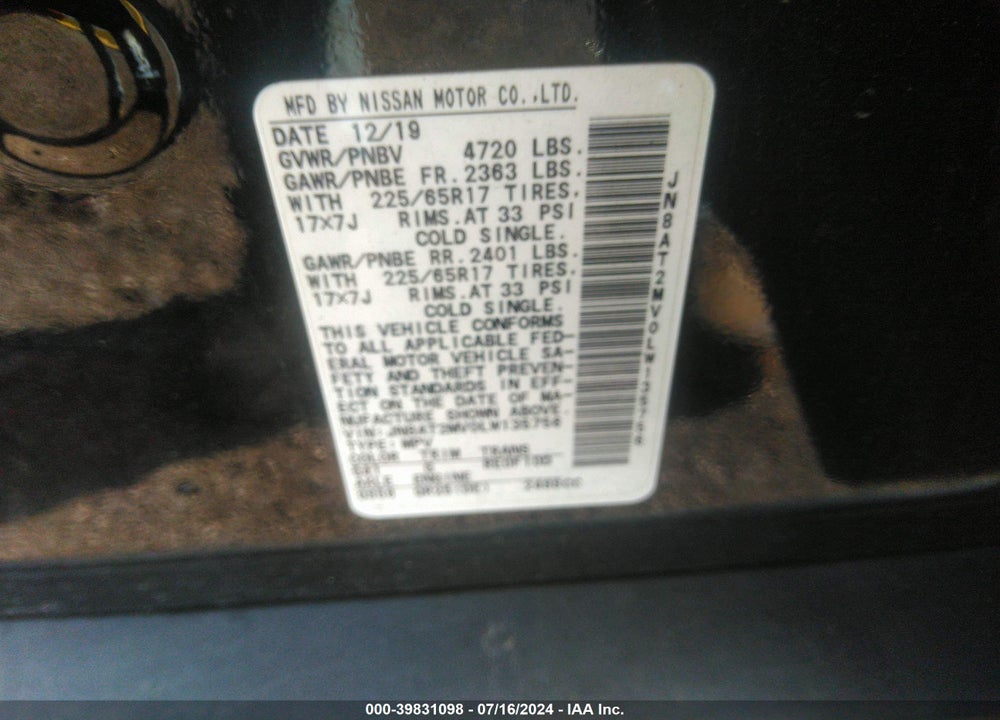 2020 NISSAN ROGUE S INTELLIGENT AWD VIN: JN8AT2MV0LW135756