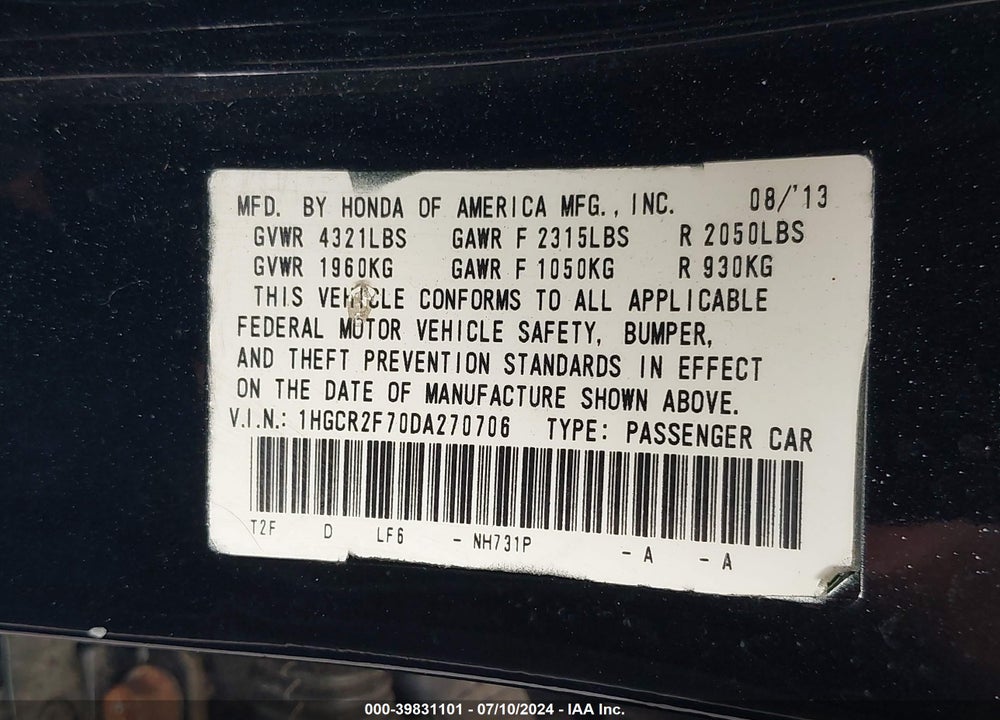 2013 HONDA ACCORD EX VIN: 1HGCR2F70DA270706
