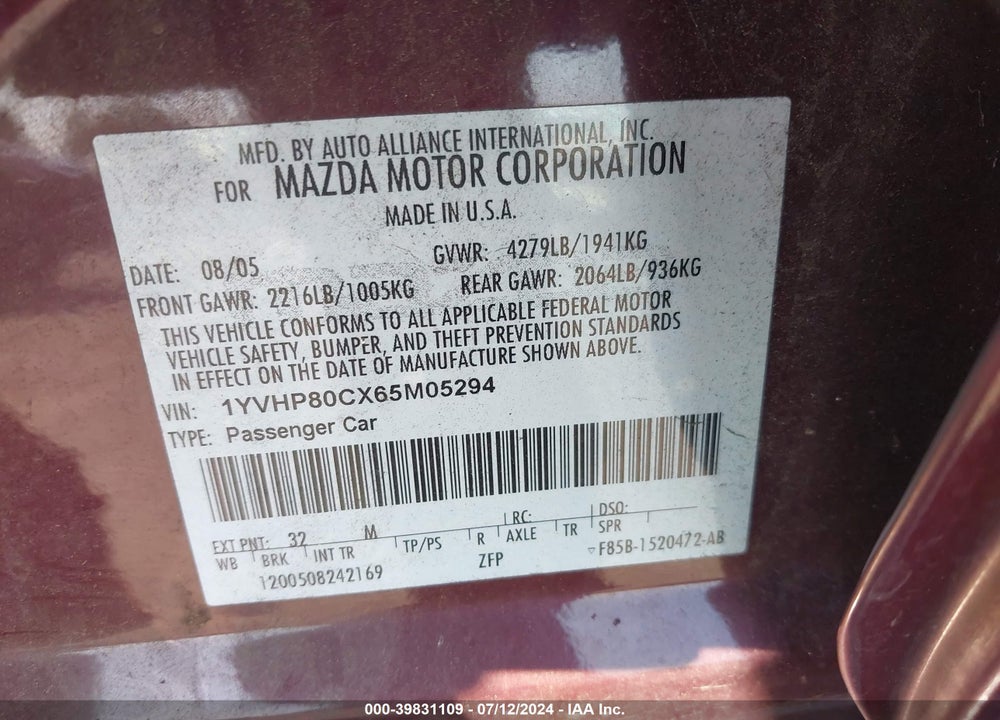 2006 MAZDA MAZDA6 VIN: 1YVHP80CX65M05294