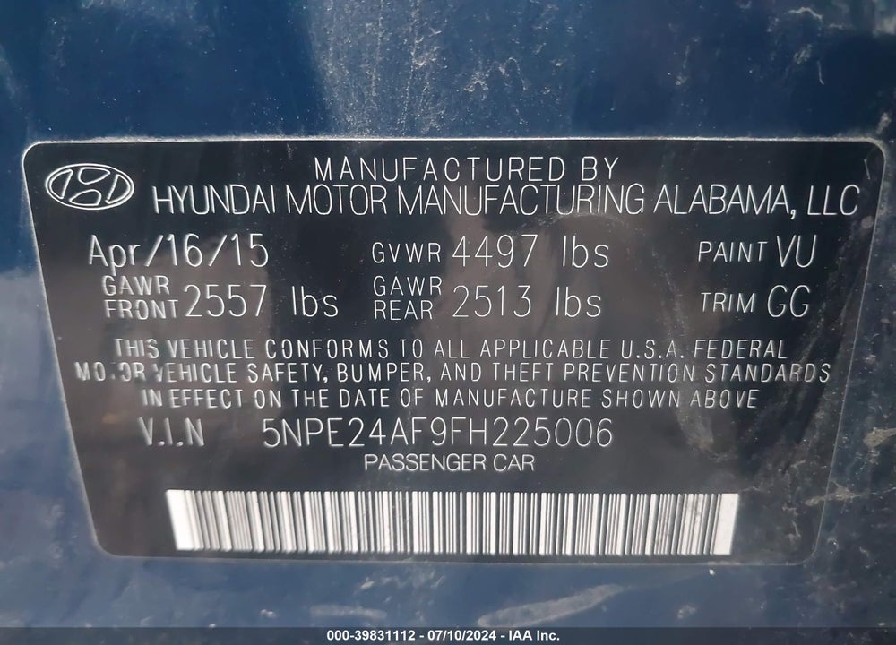 2015 HYUNDAI SONATA SE VIN: 5NPE24AF9FH225006