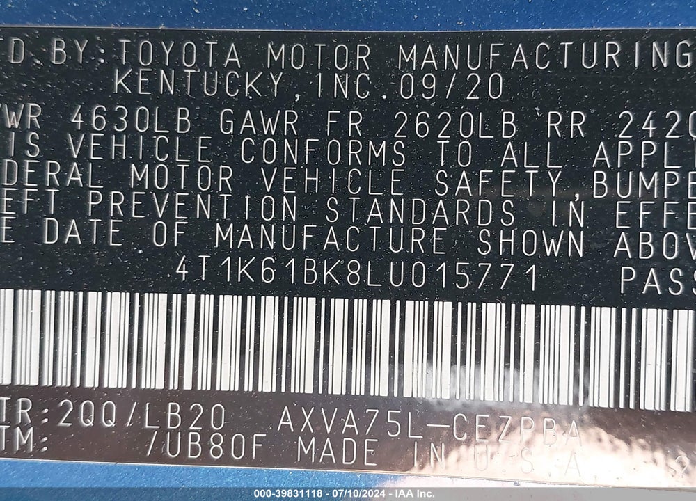 2020 TOYOTA CAMRY XSE AWD VIN: 4T1K61BK8LU015771