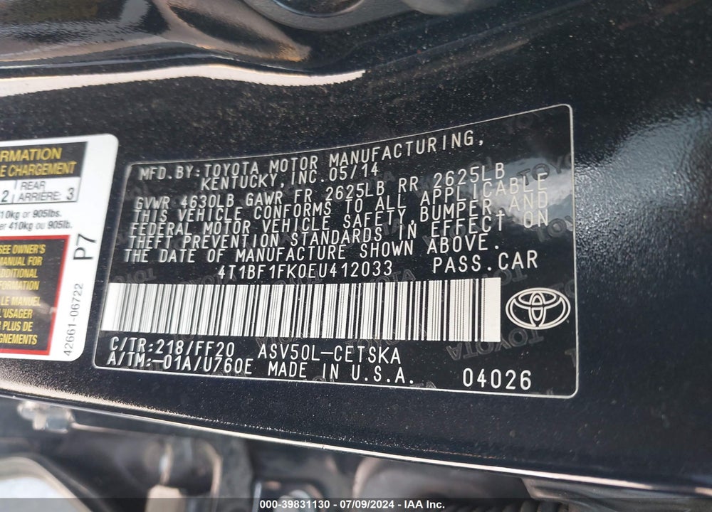 2014 TOYOTA CAMRY SE VIN: 4T1BF1FK0EU412033