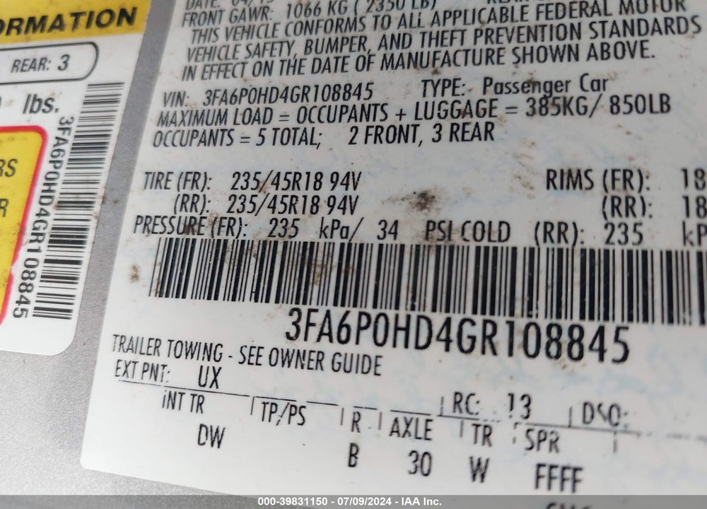 2016 FORD FUSION SE VIN: 3FA6P0HD4GR108845