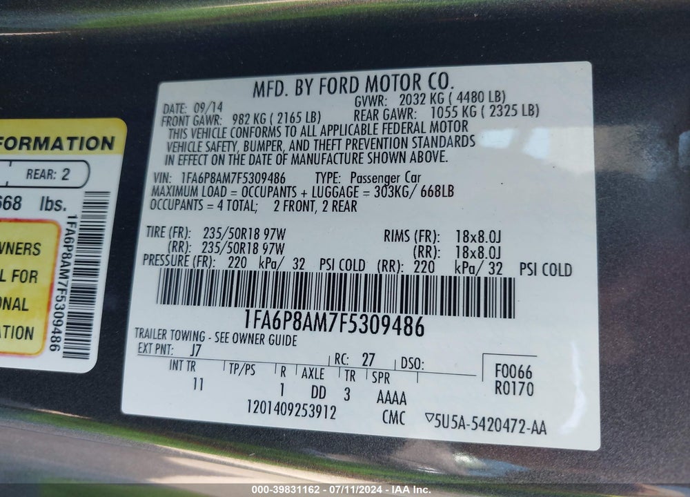 2015 FORD MUSTANG V6 VIN: 1FA6P8AM7F5309486
