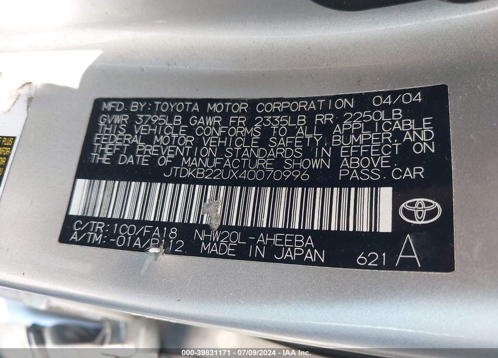 2004 TOYOTA PRIUS VIN: JTDKB22UX40070996