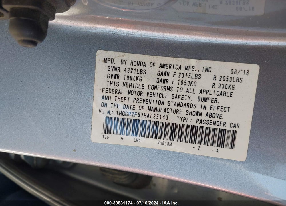 2017 HONDA ACCORD SPORT VIN: 1HGCR2F57HA035143
