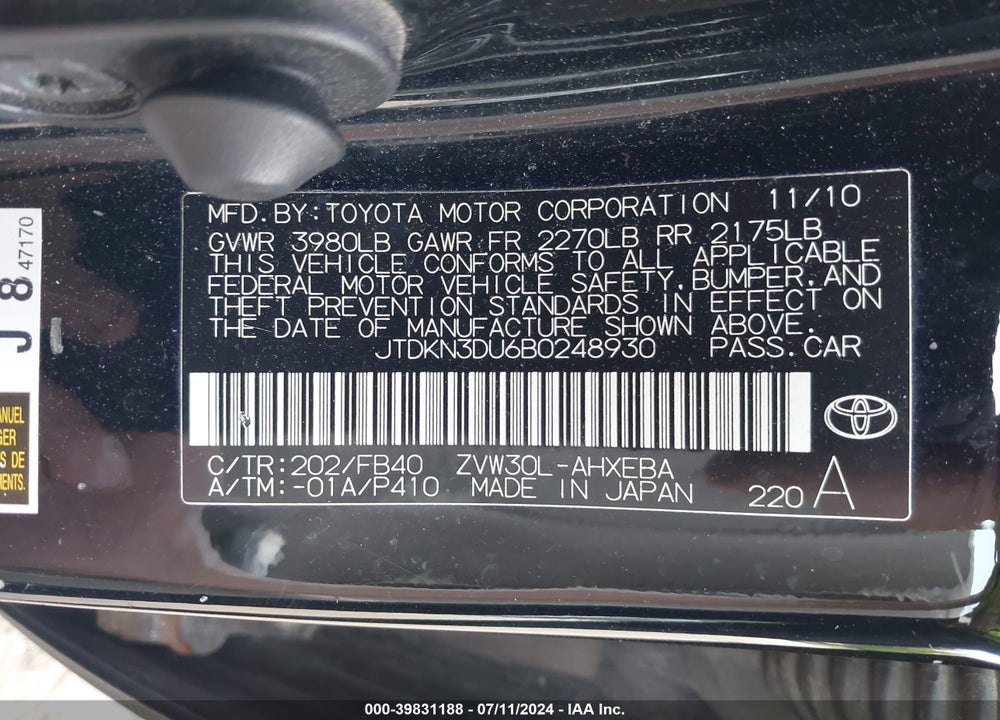 2011 TOYOTA PRIUS TWO VIN: JTDKN3DU6B0248930