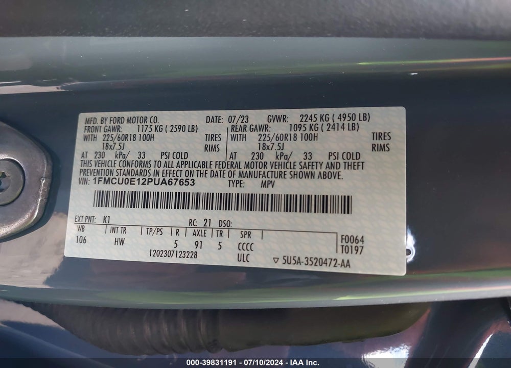 2023 FORD ESCAPE PHEV VIN: 1FMCU0E12PUA67653