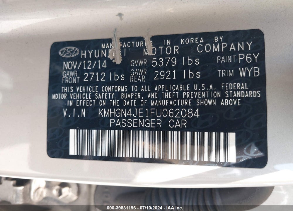 2015 HYUNDAI GENESIS 3.8 VIN: KMHGN4JE1FU062084