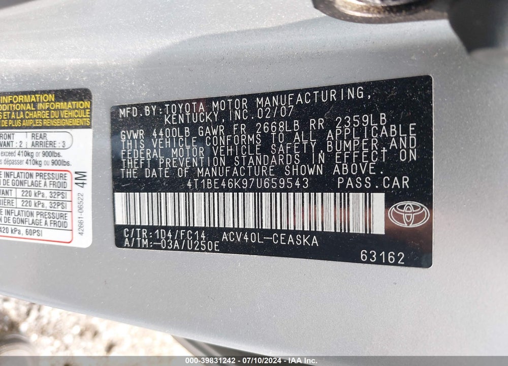 2007 TOYOTA CAMRY SE VIN: 4T1BE46K97U659543