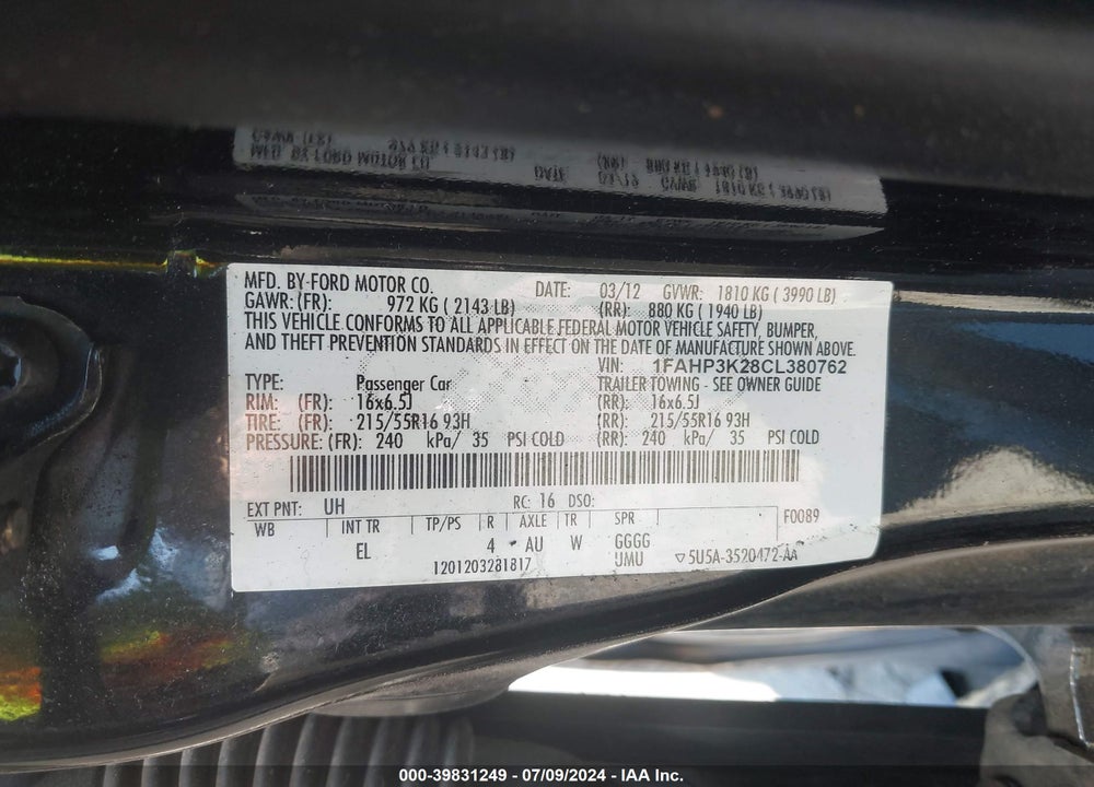 2012 FORD FOCUS SE VIN: 1FAHP3K28CL380762