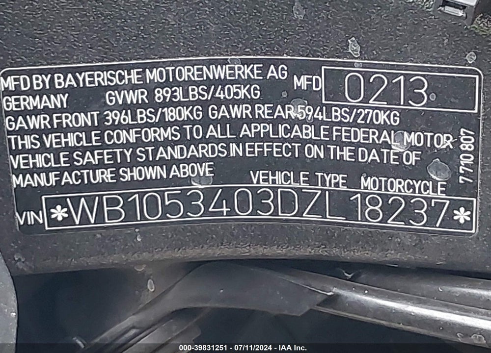 2013 BMW S 1000 RR VIN: WB1053403DZL18237