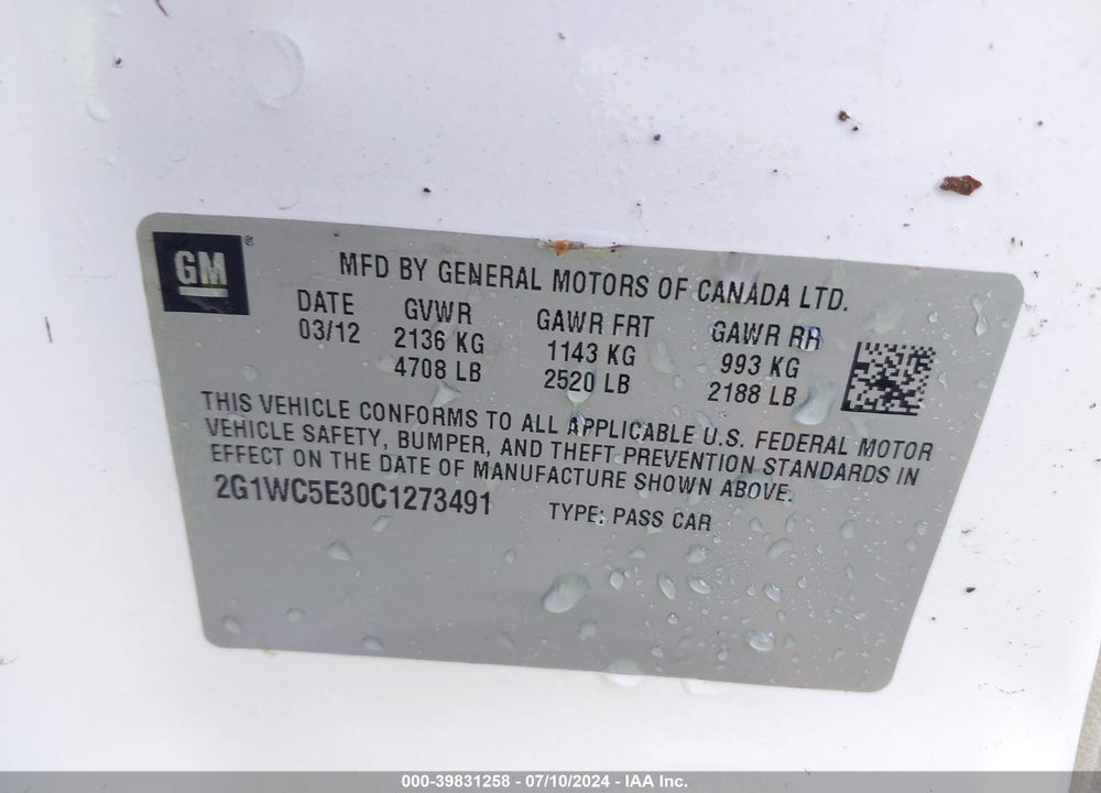 2012 CHEVROLET IMPALA LTZ VIN: 2G1WC5E30C1273491