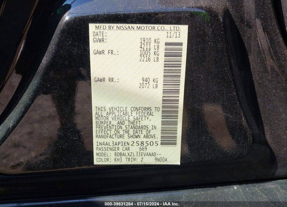 2014 NISSAN ALTIMA 2.5 SL VIN: 1N4AL3AP1EN258505