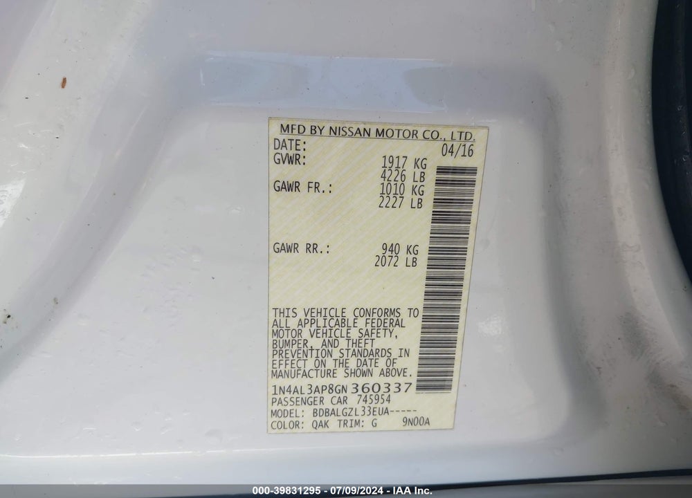 2016 NISSAN ALTIMA VIN: 1N4AL3AP8GN360337