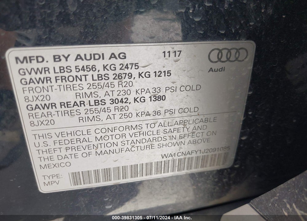 2018 AUDI Q5 2.0T PREMIUM/2.0T TECH PREMIUM VIN: WA1CNAFY1J2091085